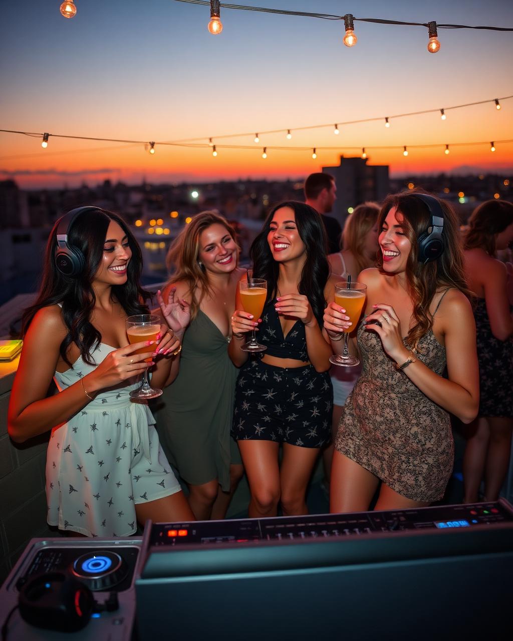 Women dancing with drinks while a DJ plays at an evening rooftop party