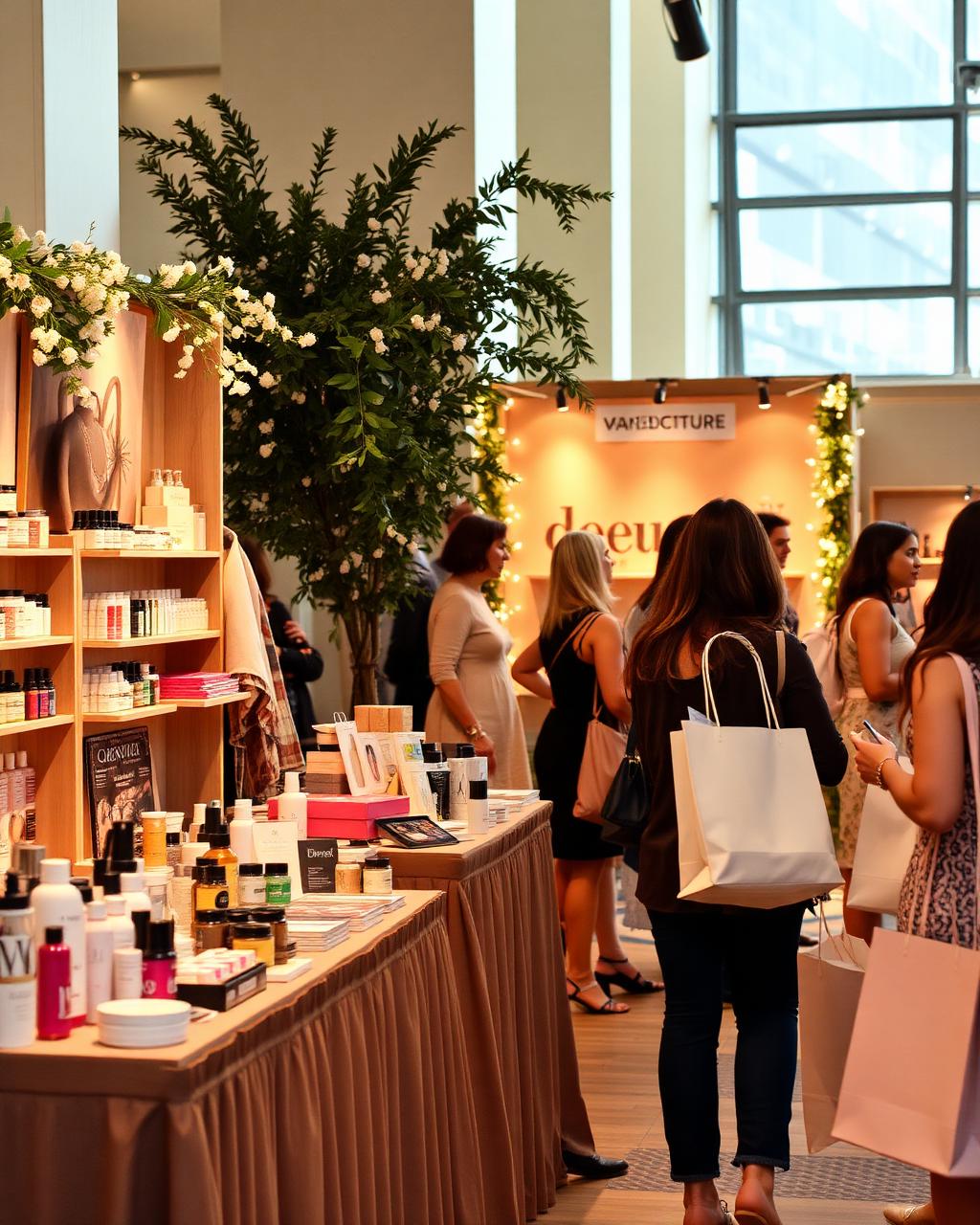 Boutique vendor booths with beauty products at a Belle Aviv market