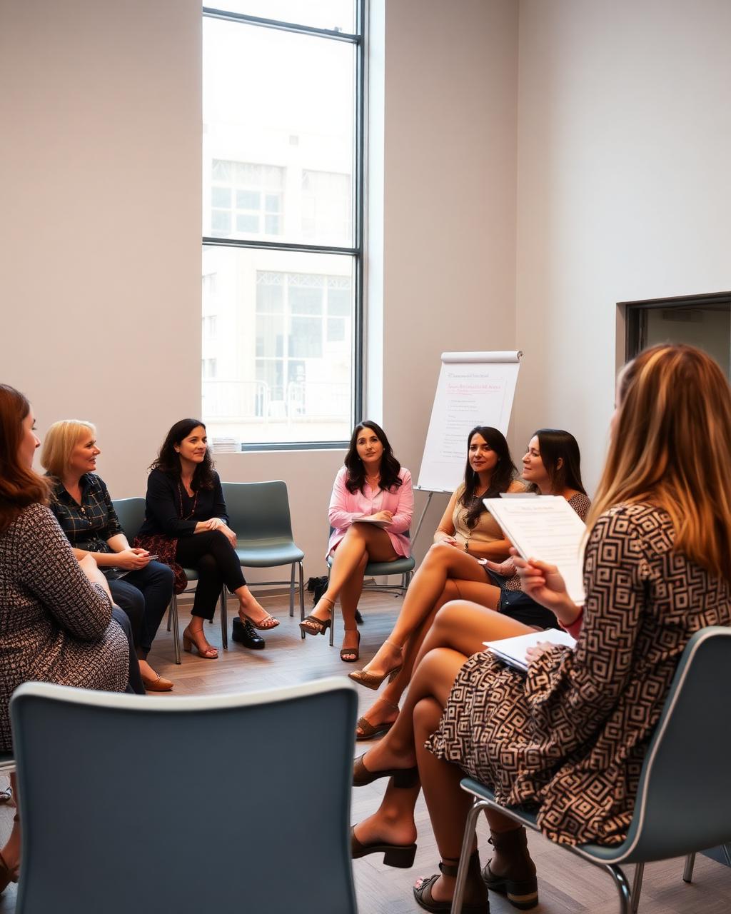 Women seated in a circle at a Belle Aviv workshop with a speaker